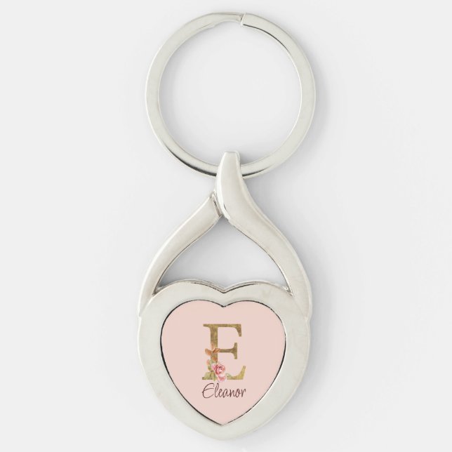 Custom Name Letter E Gold Foil Blush Pink Roses Keychain (Front)