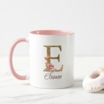 Custom Name Letter E Gold Foil Blush Pink Roses