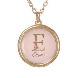 Custom Name Letter E Gold Foil Blush Pink Roses Plated Necklace