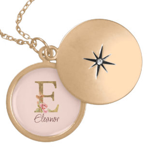 Custom Name Letter E Gold Foil Blush Pink Roses Plated Necklace