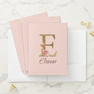 Custom Name Letter E Gold Foil Blush Pink Roses Pocket Folder