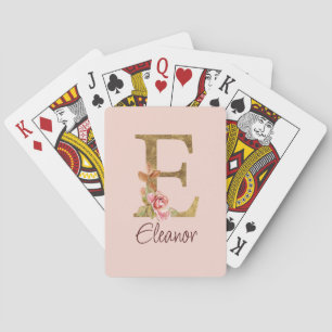 Custom Name Letter E Gold Foil Blush Pink Roses Poker Cards