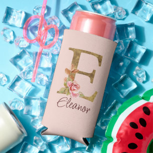 Custom Name Letter E Gold Foil Blush Pink Roses Seltzer Can Cooler