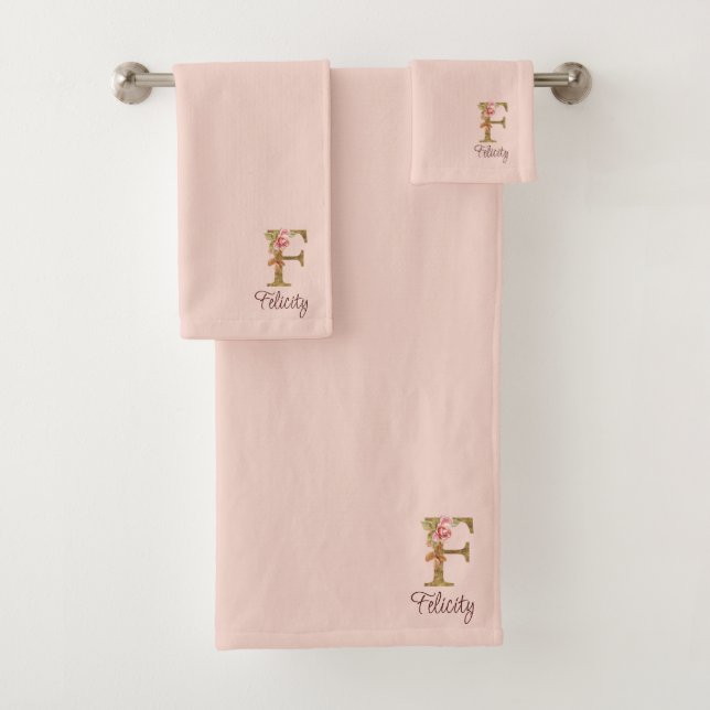 Custom Name Letter F Gold Foil Blush Pink Roses Bath Towel Set (Insitu)