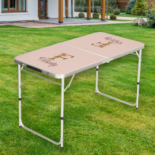 Custom Name Letter F Gold Foil Blush Pink Roses Beer Pong Table