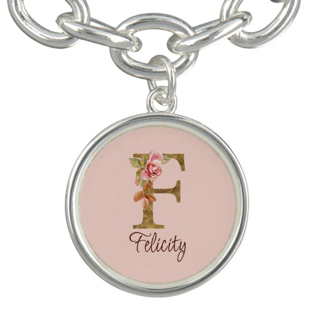 Custom Name Letter F Gold Foil Blush Pink Roses Bracelet (Design)