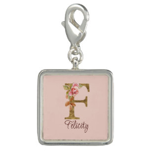Custom Name Letter F Gold Foil Blush Pink Roses Charm