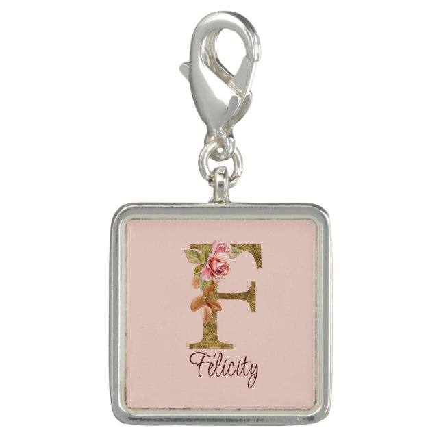 Custom Name Letter F Gold Foil Blush Pink Roses Charm (Front)