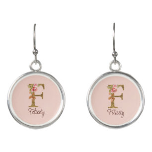 Custom Name Letter F Gold Foil Blush Pink Roses Earrings