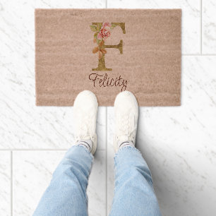 Custom Name Letter F Gold Foil Blush Pink Roses Fiber Doormat