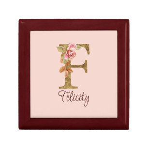 Custom Name Letter F Gold Foil Blush Pink Roses Gift Box