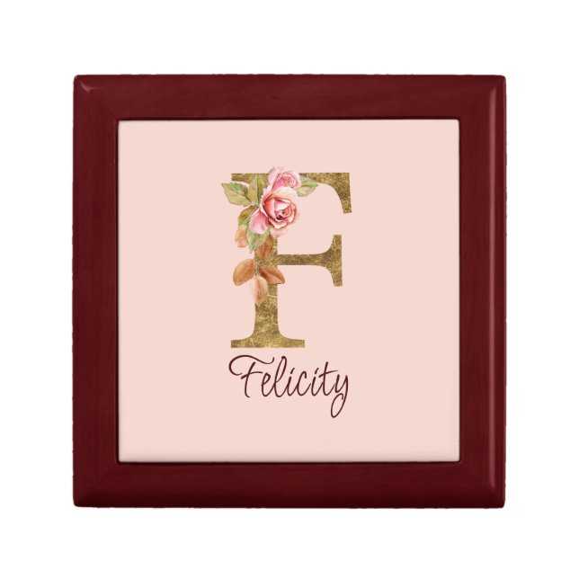 Custom Name Letter F Gold Foil Blush Pink Roses Gift Box (Front)