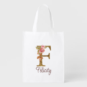 Custom Name Letter F Gold Foil Blush Pink Roses Grocery Bag