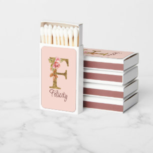 Custom Name Letter F Gold Foil Blush Pink Roses Matchboxes
