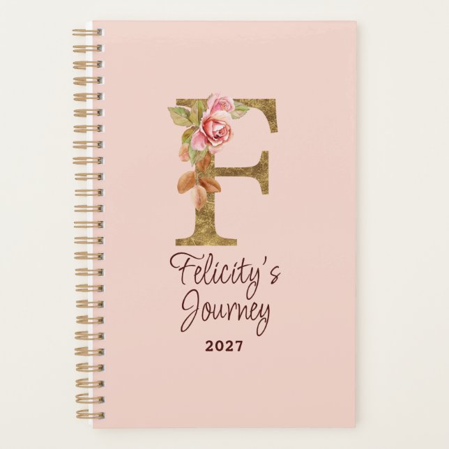 Custom Name Letter F Gold Foil Blush Pink Roses Planner (Front)