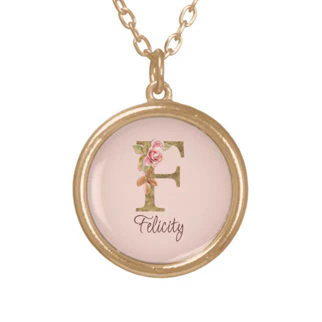 Custom Name Letter F Gold Foil Blush Pink Roses Plated Necklace | Zazzle