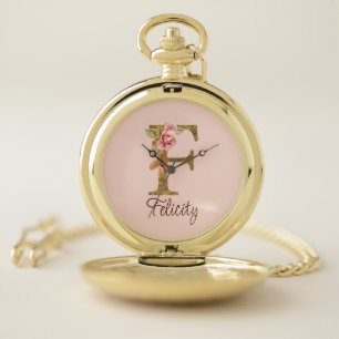 Custom Name Letter F Gold Foil Blush Pink Roses Pocket Watch