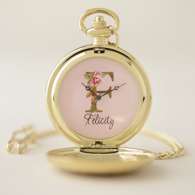 Custom Name Letter F Gold Foil Blush Pink Roses Pocket Watch (Inside)