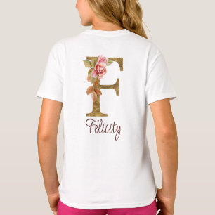 Custom Name Letter F Gold Foil Blush Pink Roses T-Shirt