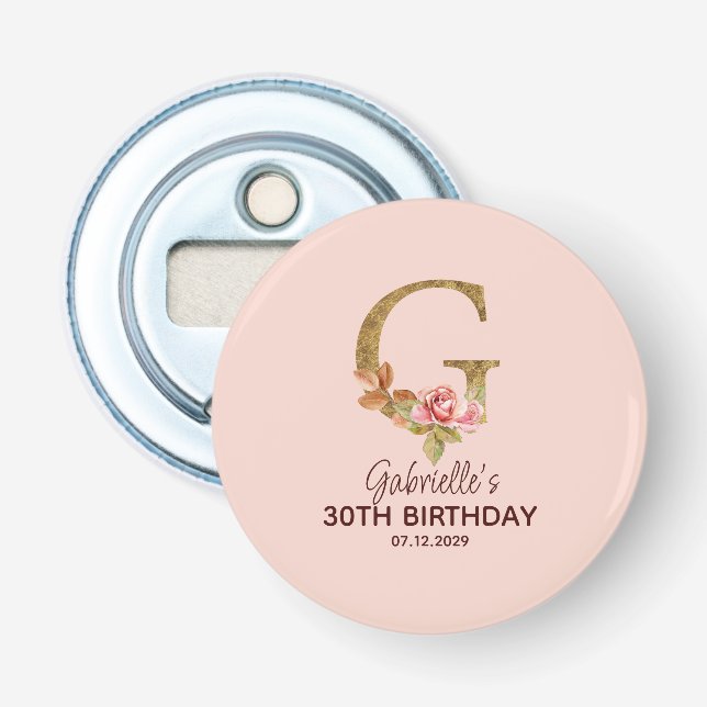 Custom Name Letter G Gold Blush Pink Roses Bottle Opener (Front)