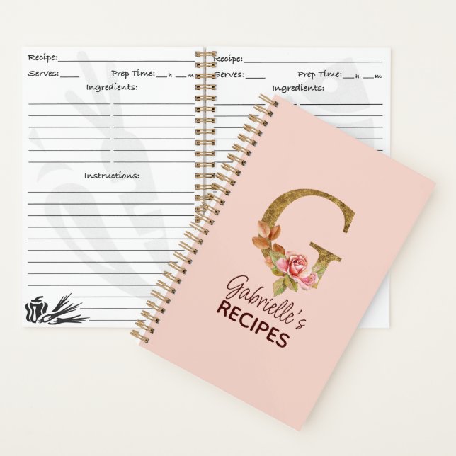 Custom Name Letter G Gold Blush Pink Roses Recipe Notebook (Inside)