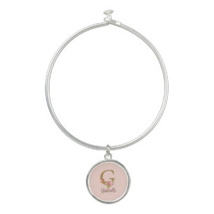 Custom Name Letter G Gold Foil Blush Pink Roses Bangle Bracelet