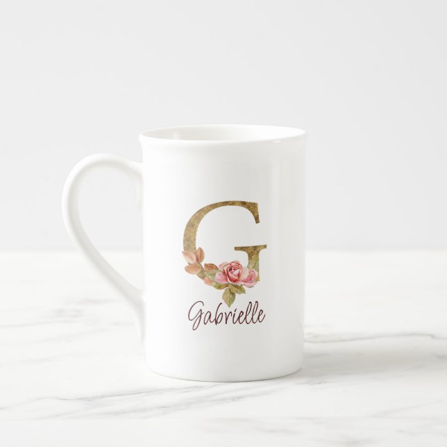 Custom Name Letter G Gold Foil Blush Pink Roses Bone China Mug (Left)