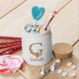 Custom Name Letter G Gold Foil Blush Pink Roses Candy Jar