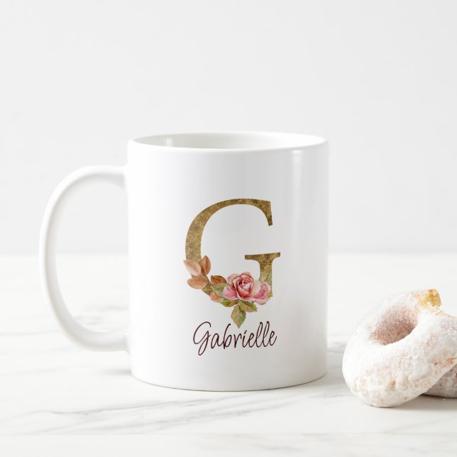 Custom Name Letter G Gold Foil Blush Pink Roses Coffee Mug (With Donut)