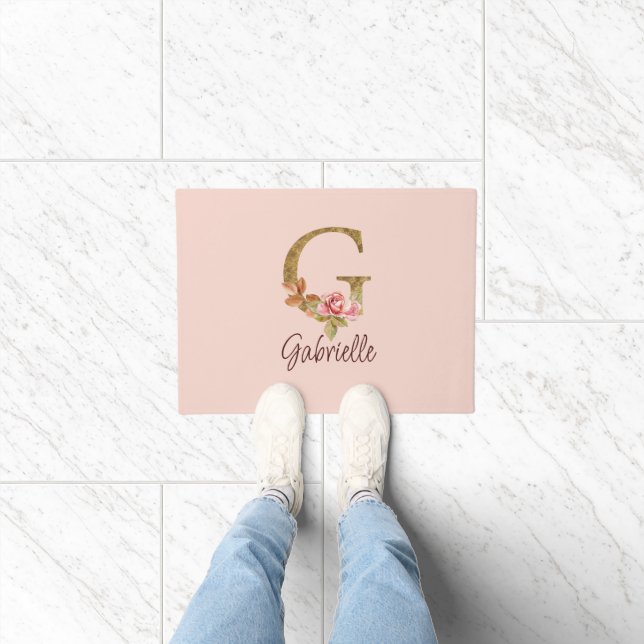 Custom Name Letter G Gold Foil Blush Pink Roses Doormat (Indoor)