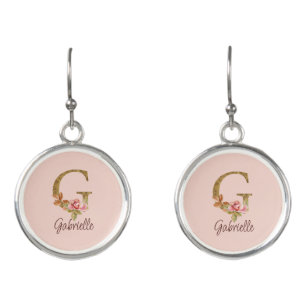 Custom Name Letter G Gold Foil Blush Pink Roses Earrings