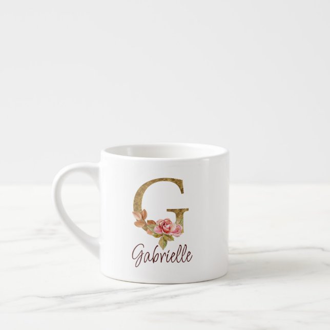 Custom Name Letter G Gold Foil Blush Pink Roses Espresso Cup (Left)