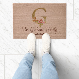 Custom Name Letter G Gold Foil Blush Pink Roses Fiber Doormat