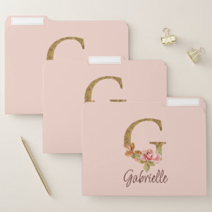Custom Name Letter G Gold Foil Blush Pink Roses File Folder