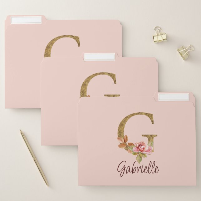 Custom Name Letter G Gold Foil Blush Pink Roses File Folder (Set)