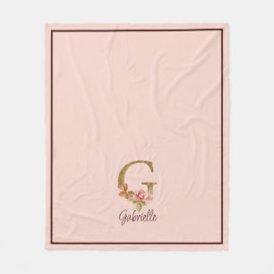 Custom Name Letter G Gold Foil Blush Pink Roses Fleece Blanket