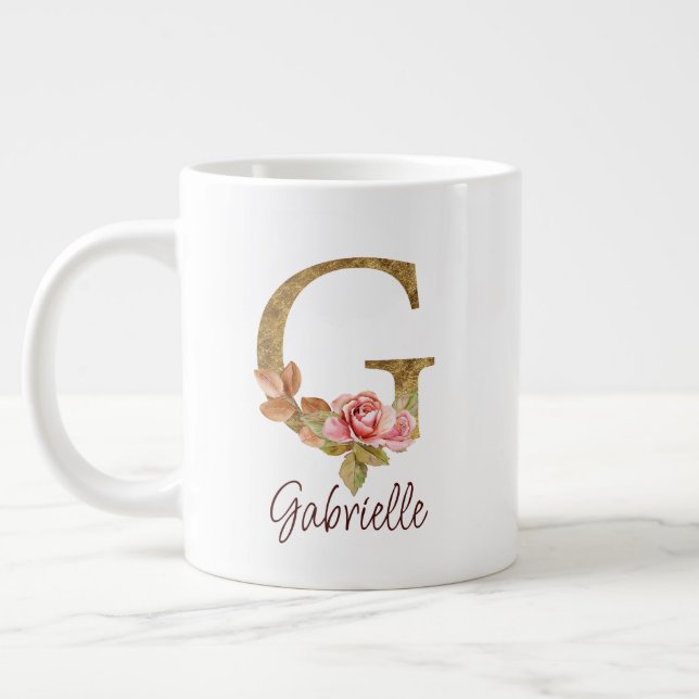 Custom Name Letter G Gold Foil Blush Pink Roses Giant Coffee Mug (Left)