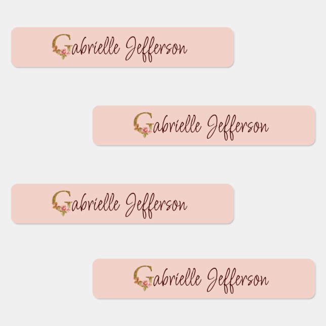 Custom Name Letter G Gold Foil Blush Pink Roses Labels (Group)