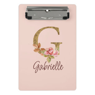 Custom Name Letter G Gold Foil Blush Pink Roses Mini Clipboard