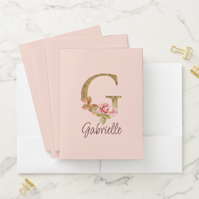 Custom Name Letter G Gold Foil Blush Pink Roses Pocket Folder (In Situ)
