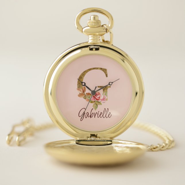 Custom Name Letter G Gold Foil Blush Pink Roses Pocket Watch (Inside)