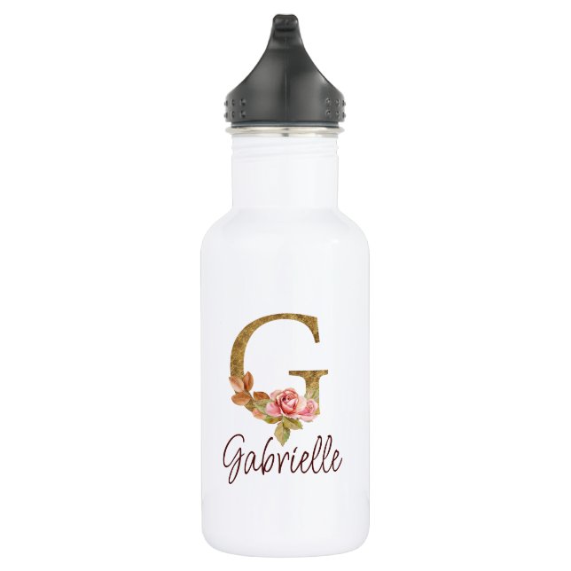 Custom Name Letter G Gold Foil Blush Pink Roses Stainless Steel Water Bottle (Right)
