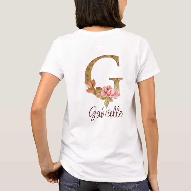 Custom Name Letter G Gold Foil Blush Pink Roses T-Shirt (Back)