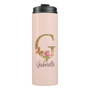 Custom Name Letter G Gold Foil Blush Pink Roses Thermal Tumbler
