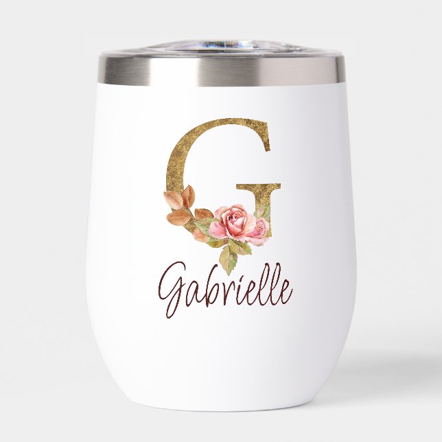 Custom Name Letter G Gold Foil Blush Pink Roses Thermal Wine Tumbler (Front)