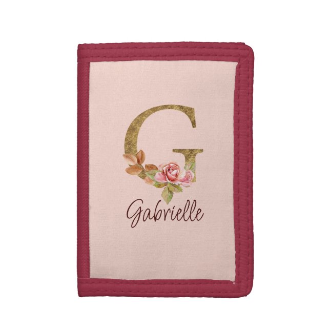 Custom Name Letter G Gold Foil Blush Pink Roses Trifold Wallet (Front Vertical)