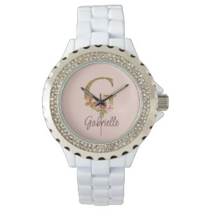Custom Name Letter G Gold Foil Blush Pink Roses Watch