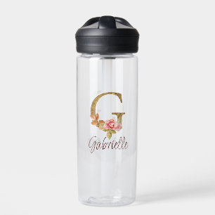 Custom Name Letter G Gold Foil Blush Pink Roses Water Bottle