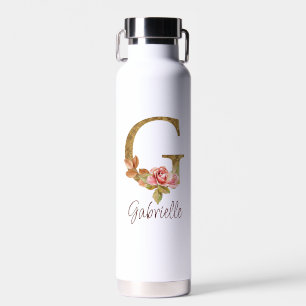 Custom Name Letter G Gold Foil Blush Pink Roses Water Bottle