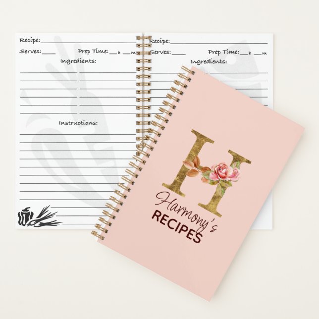 Custom Name Letter H Gold Blush Pink Roses Recipe Notebook (Inside)